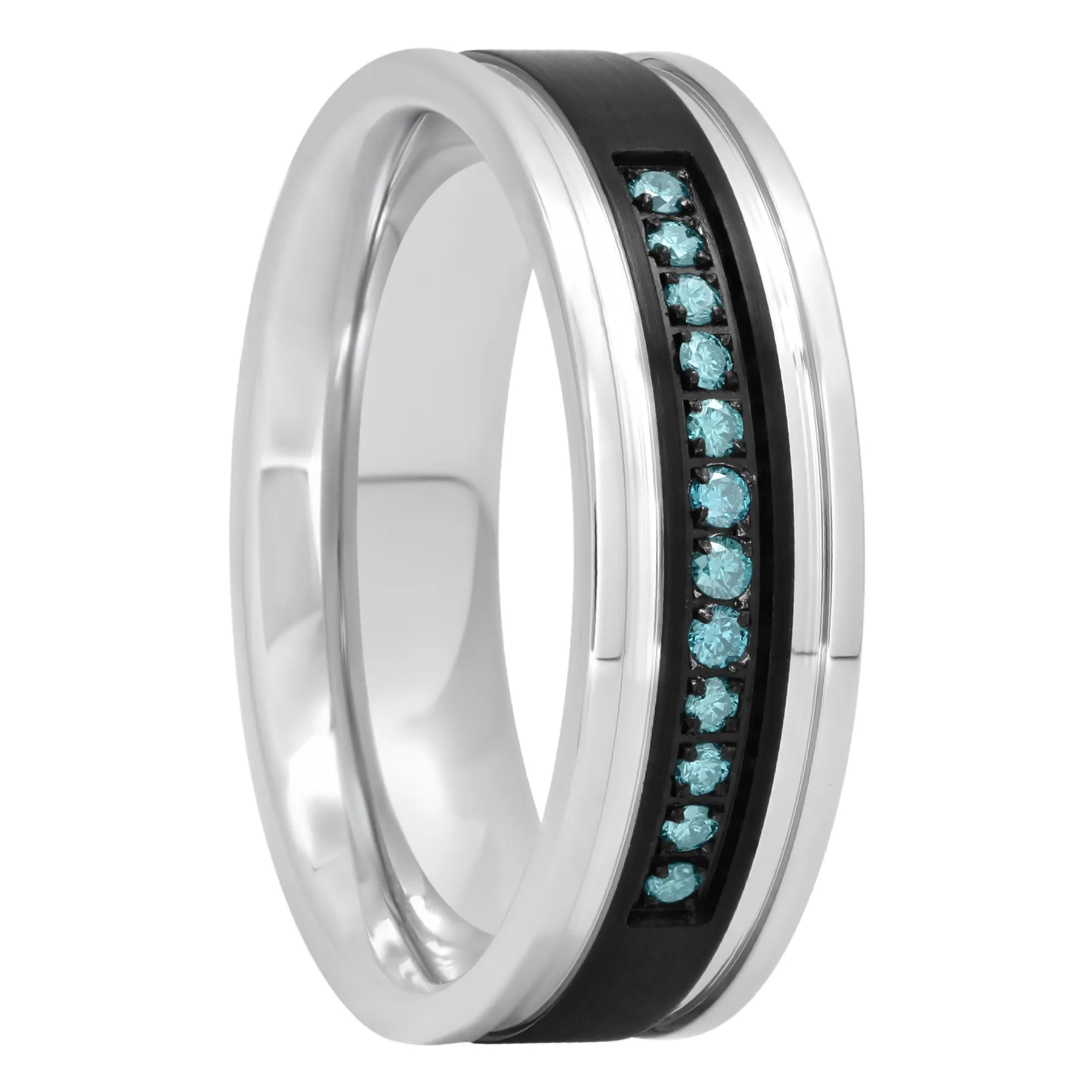 Black Stainless Steel With 1/7 CTTW Blue Diamond Band, 7mm