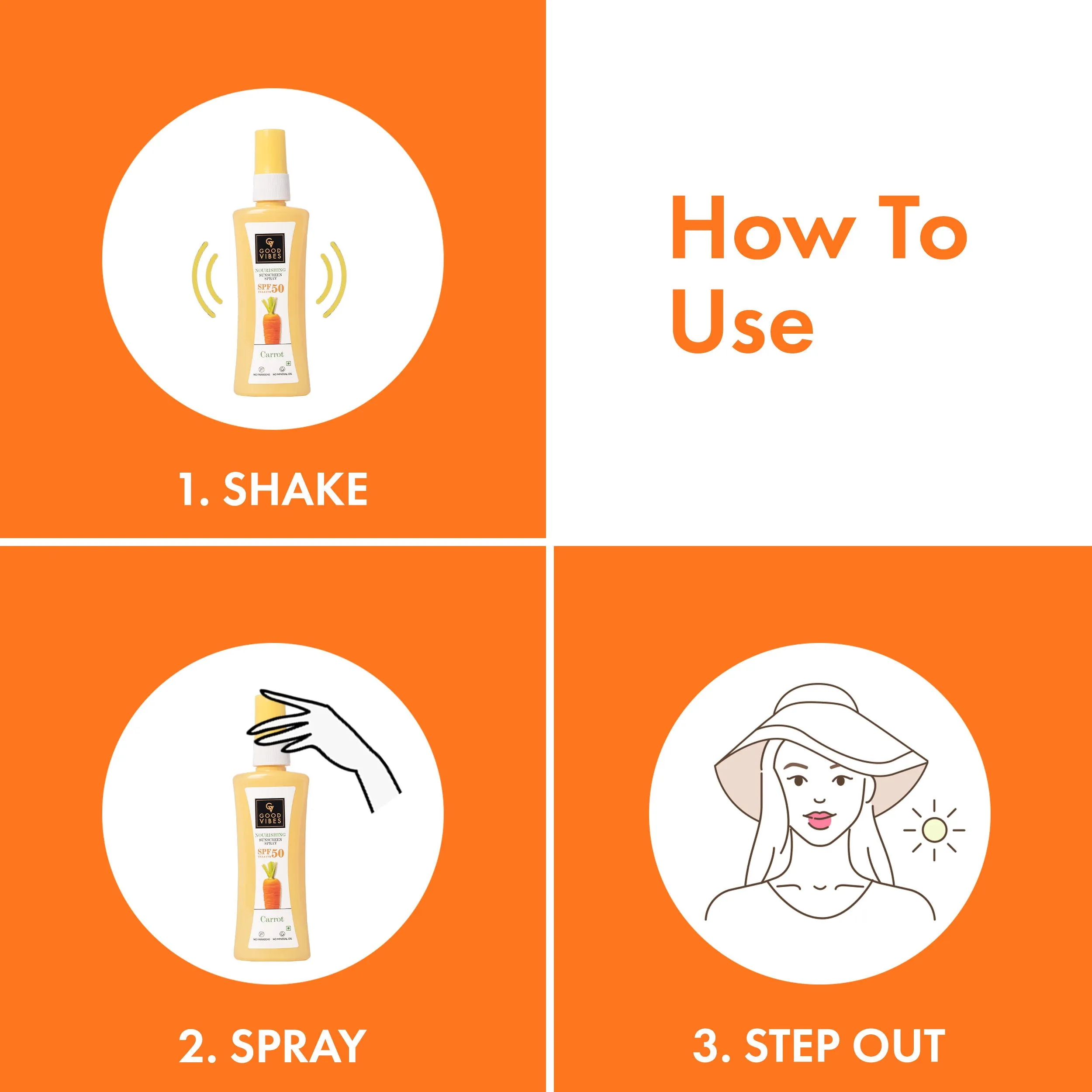Good Vibes Carrot Nourishing Sunscreen Spray SPF 50 | Soothing, Hydrating, De-tanning | Vegan, No Parabens, No Mineral Oil, No Silicones, No Animal Testing