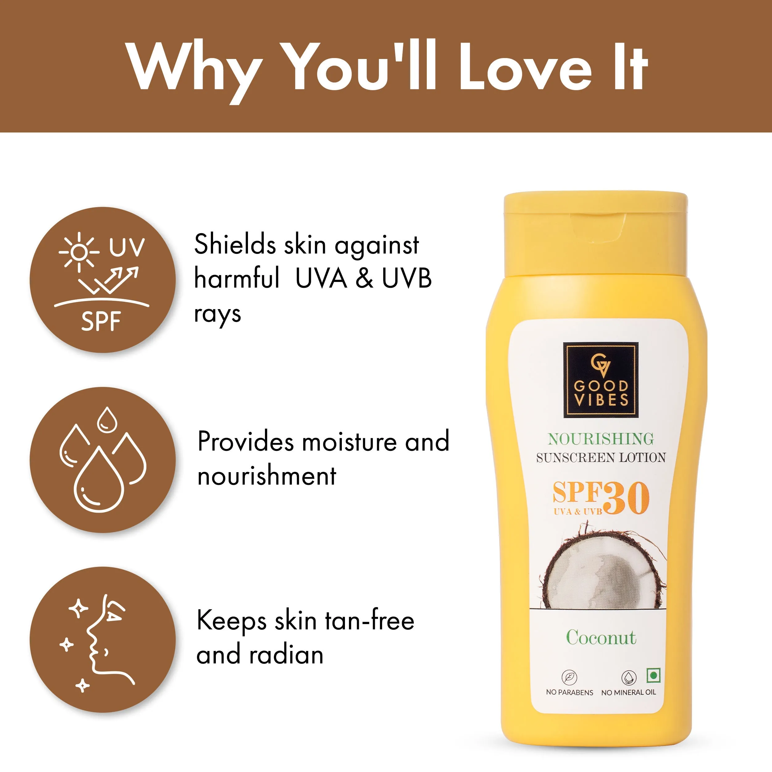 Good Vibes Coconut Nourishing Sunscreen Lotion SPF 30 | With Lime & Rosemary Leaf Oil | Soothing, De-Tanning | Vegan, No Parabens, No Mineral Oil, No Silicones, No Animal Testing (110 ml)