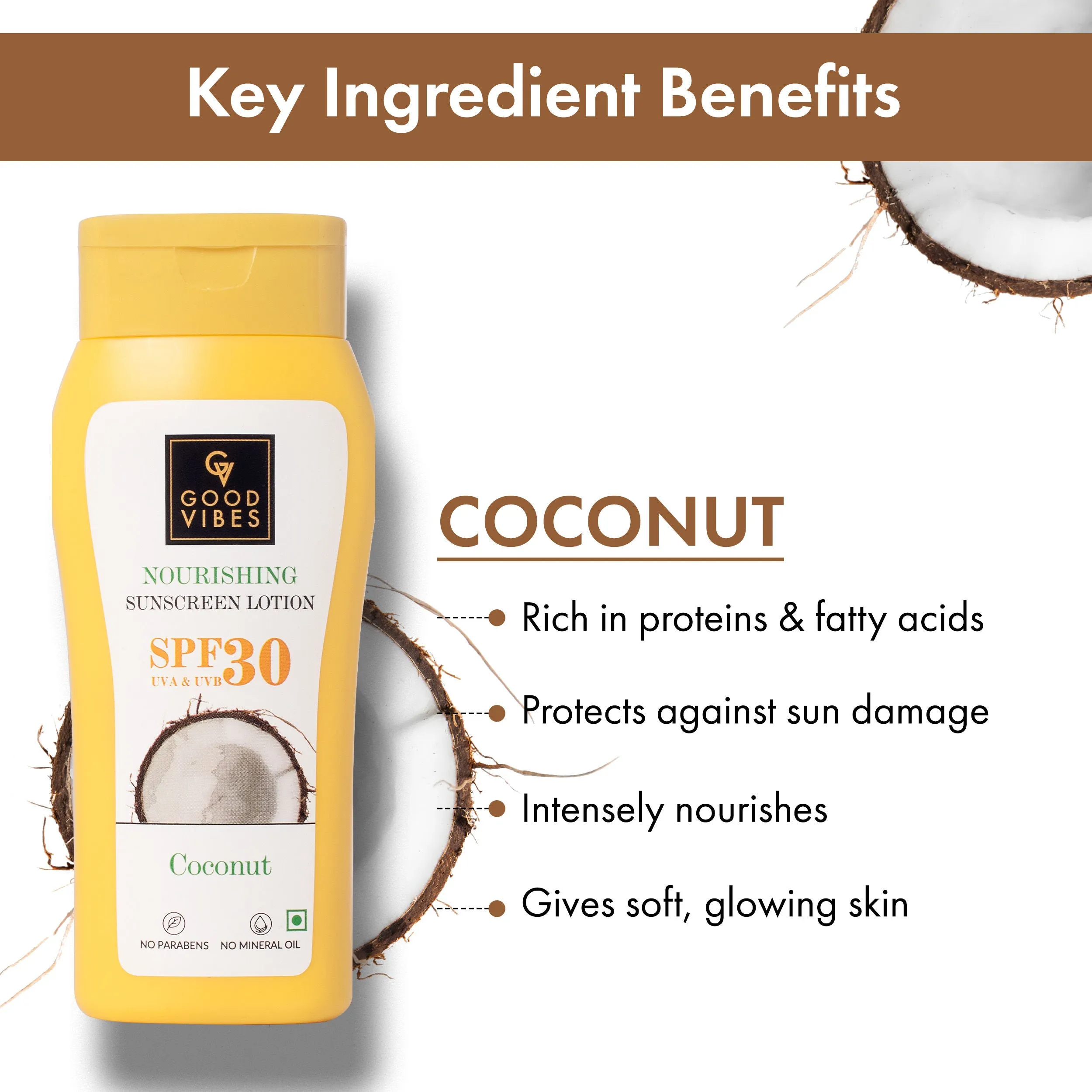 Good Vibes Coconut Nourishing Sunscreen Lotion SPF 30 | With Lime & Rosemary Leaf Oil | Soothing, De-Tanning | Vegan, No Parabens, No Mineral Oil, No Silicones, No Animal Testing (110 ml)