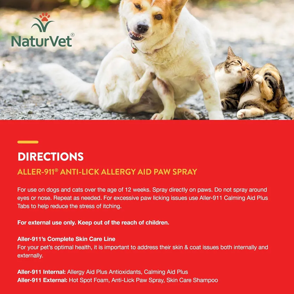 NaturVet Aller-911 Anti-Lick Allergy Aid Paw Spray with Aloe Vera for Dogs & Cats, 8-oz