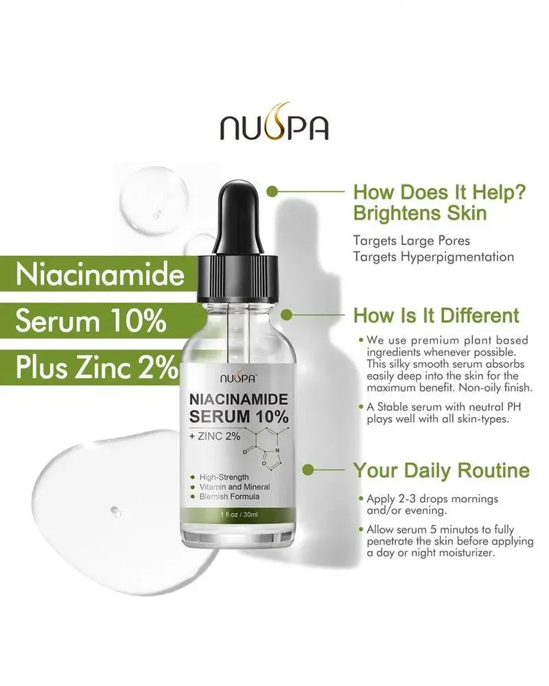 Nuspa Niacinamide Serum 10%  for Circles Age Spots Pore Cleanser Acne Scars Sun Damage Corrector Plump Skin Organic Anti Aging Serum